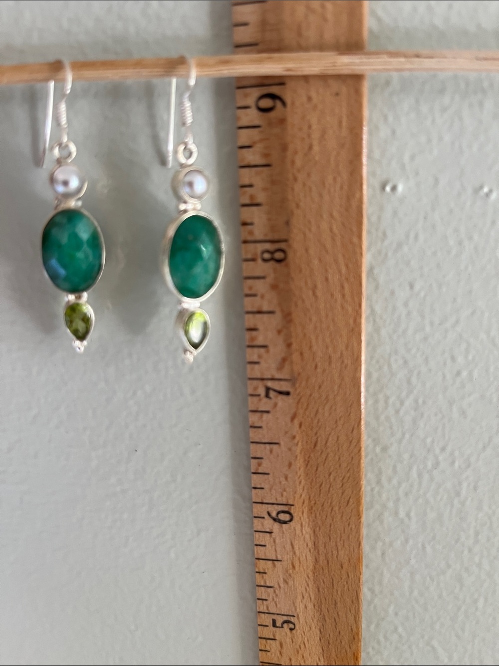 Raw Emerald Sterling Silver Pearl and Peridot Drop Earrings - Picture 6 of 6